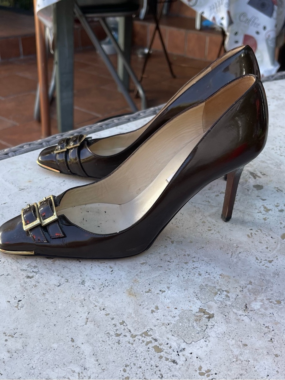 Jimmy Choo Dark Brown Patent Leather Pointed-Toe Pumps with Gold Buckles